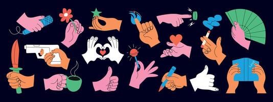 Set of colorful hands holding various stuff on dark background. Different operations and gestures. Hand drawn . All elements isolated. vector