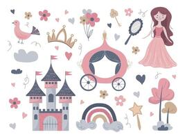 Set of elements for princess, castle, carriage, crown, key. Children's magical elements. illustration vector