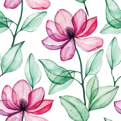 watercolor seamless pattern with transparent magnolia flowers. pink flowers and leaves, x-ray