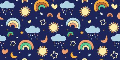Seamless pattern with rainbow, clouds, heart, stars and moon. Baby dreamy print. vector