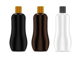 Cosmetic Bottle. Sunblock Cream Package Set. Realistic 3d Blank Container for Shampoo, Gel, Lotion Product. Spa Oil or Milk Package Mockup. Summer Sunscreen Spf and Uva Block. Suntan Oil. vector