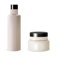 Shampoo Bottle Cream Jar Set. Cosmetic Mockup Blank. Isolated Tubular Container. Cylinder Packaging Template. Round Bowl for Scrub, Butter, Facial Creme with Round Cap. vector