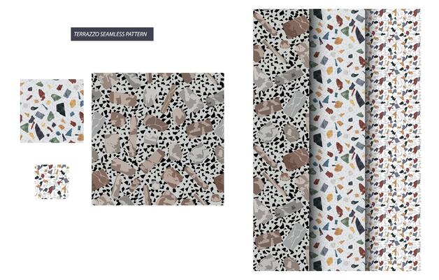 Terrazzo Pattern. Seamless Texture Set. Stone Wall Background. Repeat Flooring Decoration Surface. Decorative Shape Regular Cover. Flat Mosaic Backdrop. Periodic Geometric Shape.