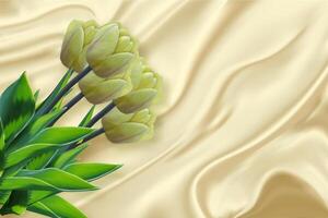 Silk Background with Tulip Flower Bouquet. Soft Satin Texture cloth. Wave material abstract Pattern. Smooth Drapery Curtain Textile. Fold Mesh Drape. Yellow Spring Blossom Tulip. vector