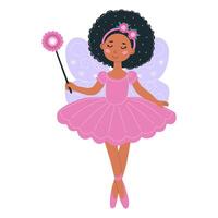 Cute little winged fairy ballerina with magic wand isolated on white background. A character of children's fantasy vector