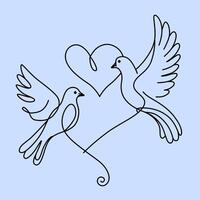 dove with heart. Birds continuous line art on a blue background. vector