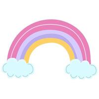 Cute colorful rainbow with clouds in childish style isolated on white background. A character of children's fantasy. Print on a t-shirt or sticker vector