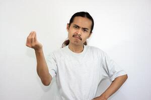 Upset and angry man with various hand expressions, isolated on white background. photo