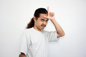 Upset and angry man with various hand expressions, isolated on white background. photo