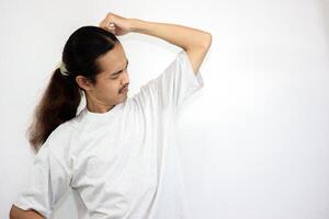 Excessive sweating man smelling bad isolated on white background photo