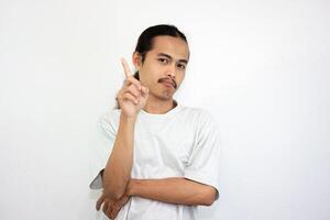 Upset and angry man with various hand expressions, isolated on white background. photo