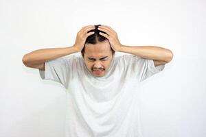 Upset and angry man with various hand expressions, isolated on white background. photo