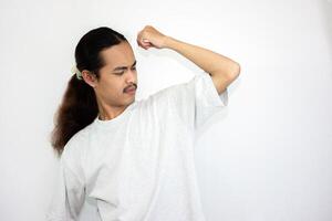 Excessive sweating man smelling bad isolated on white background photo