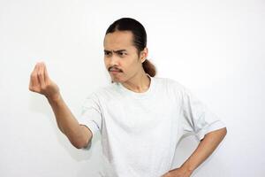 Upset and angry man with various hand expressions, isolated on white background. photo