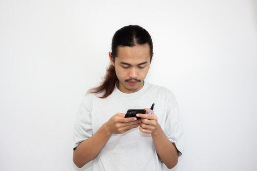 Asian man with various expressions while holding mobile phone. isolated in white background photo