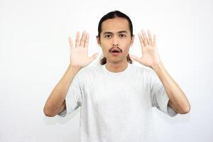 Surprised Asian man. isolated in white background photo