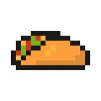 Pixel taco sandwich icon. Mexican spicy snack with meat and sauce in pita bread for quick appetizing meal and game design vector