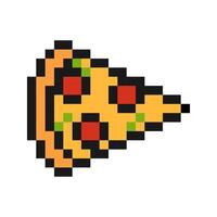 Pixel piece of pizza icon. Appetizing snack with mozzarella cheese and salami for quick tasty meal and game design vector