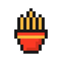 Pixel fries icon. Red 8 bit package with crispy fried potatoes in oil for percussion and game design vector