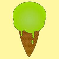 A refreshing illustration of a green ice cream scoop in a waffle cone. Perfect for summer-themed designs and dessert-related projects. vector