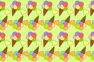 Vibrant seamless pattern with colorful ice cream cones and hearts. Ideal for summer-themed designs, textiles, and backgrounds. vector