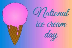 Bright and colorful design for National Ice Cream Day featuring a pink ice cream cone on a gradient background. Perfect for summer-themed projects. vector