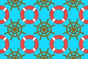 Nautical seamless pattern featuring lifebuoys and ship wheels. Ideal for summer-themed designs, backgrounds, and maritime projects. vector
