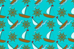 Vibrant seamless pattern with ships and helms. Perfect for summertime designs and marine-themed projects. vector