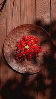 Fresh red currant filling a plate on wooden background. Vertical stop motion animation. Berries harvest concept. Top view video