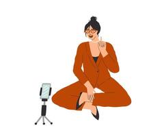 A blogger tells something while filing on her phone. illustration drawn in flat style. vector