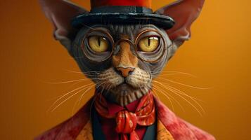 International cat day concept. A stylish sphinx in sunglasses and a hat. Pet Day photo