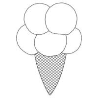 Coloring page with a refreshing illustration of a waffle cone with a few ice cream scoops. Perfect for kids summertime activities and creative projects. vector