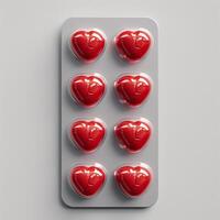 Blister with red pills in the shape of hearts. Antidepressants in tablets. Fighting depression. Health concept photo