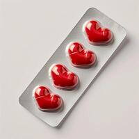 Blister with red pills in the shape of hearts. Antidepressants in tablets. Fighting depression. Health concept photo