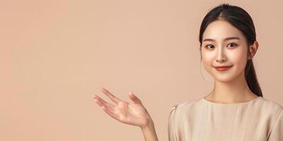 Happy and smiling Asian girl shows an empty hand. Product presentation. photo