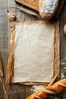 White sheet of paper on the table with pastries. Cooking mockup photo
