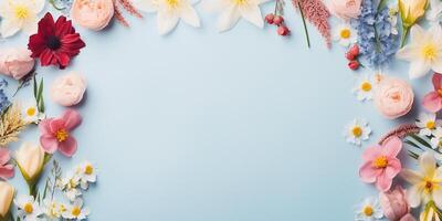 Flat lay composition of spring colorful flowers on a blue background with space for text photo