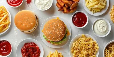 Fast food top view, flat lay. photo