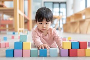 Kid with game at classroom. Asian girl is playing with colorful building blocks in kindergarten. photo
