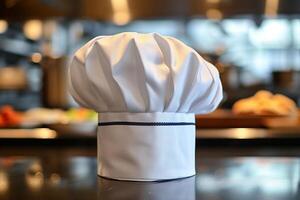 Chef hat on table in kitchen. Baker sign on restaurant background photo