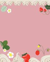 Design with whipped cream and strawberries. Whipped cream border. Strawberry background, banner. Illustration design with empty space. vector