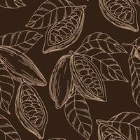 seamless pattern of cocoa beans, fruits and leaves. illustration with lines, sketch vector