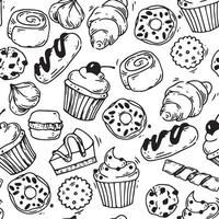 cute seamless pattern on the theme of baking and confectionery. doodle illustration of cakes, cookies, croissant, macaroon vector