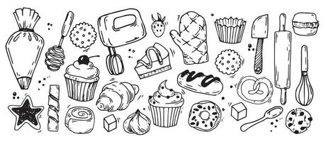 cute set of elements on the theme of baking, confectionery. doodle illustration with desserts, cakes and cooking tools vector