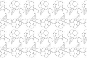 Seamless pattern of ice cream cones and hearts outline illustration for a fun and engaging coloring page. Perfect for kids and DIY projects. vector