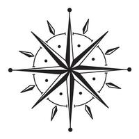 illustration of Compass Rose. Linear Drawing of marine navigation element for nautical and travel design. Etching of retro sign for maps on isolated background. Vintage black outline object vector