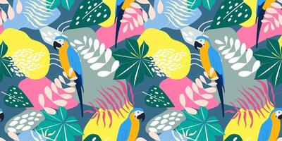 Seamless pattern with parrots on a background of abstract leaves, plants, bright spots. Summer exotic print. vector