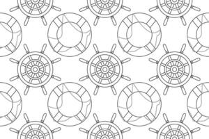 Seamless nautical pattern featuring ship wheels and lifebuoys. Ideal for maritime-themed coloring activities. vector
