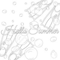 Fun and detailed scuba gear coloring page with Hello Summer text. Perfect for kids and adults looking for a creative, relaxing activity. vector