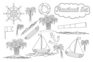 Fun and detailed nautical-themed coloring set featuring various maritime elements. Perfect for kids and adults to color and enjoy. vector